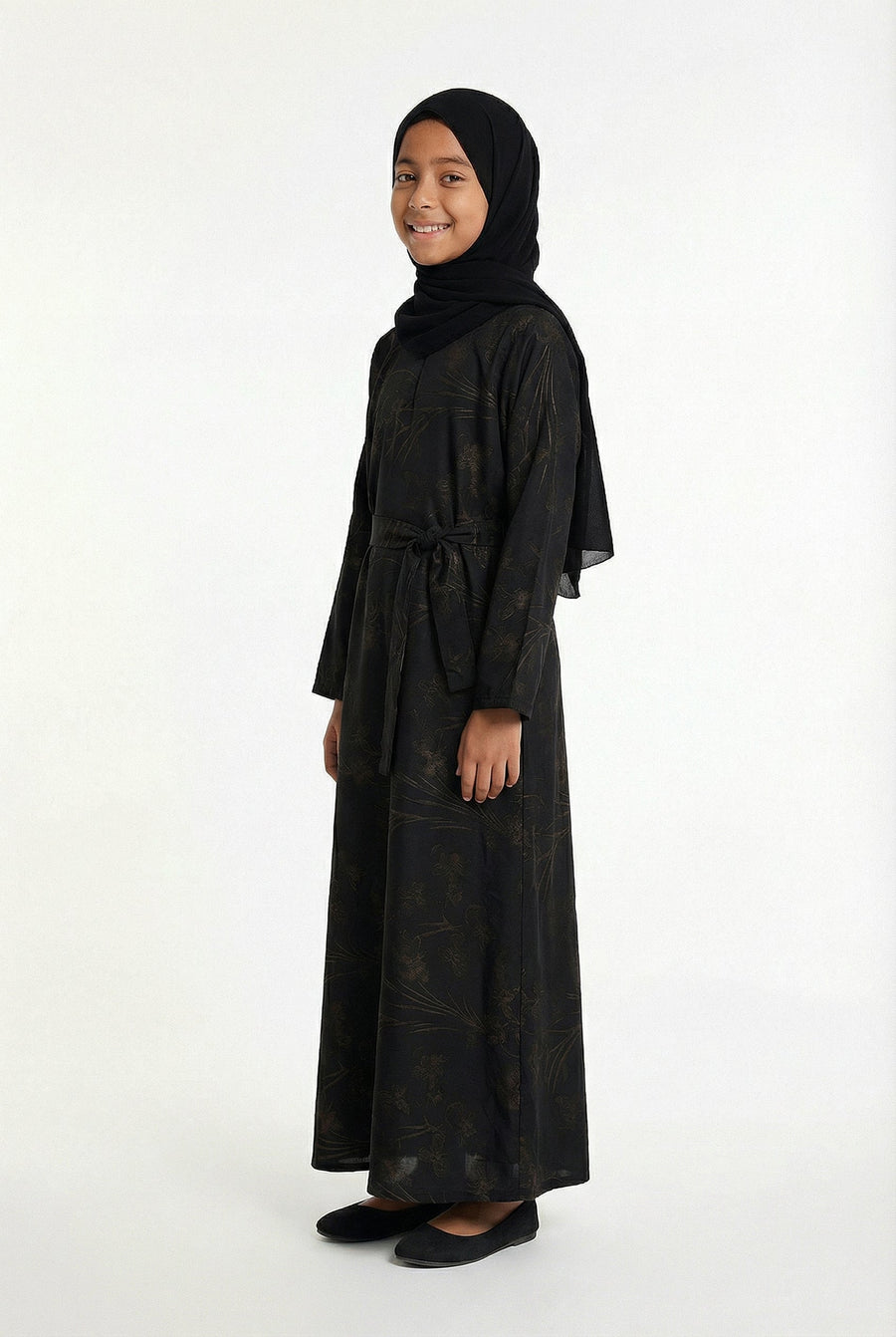 Girls Floral Weave Abaya Black and Gold 654 Col 5