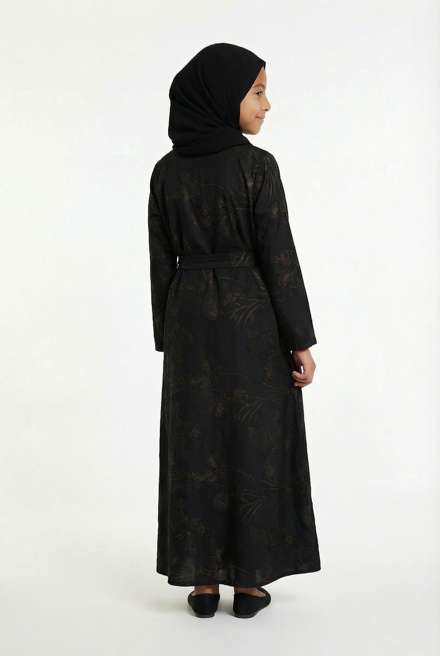 Girls Floral Weave Abaya Black and Gold 654 Col 5