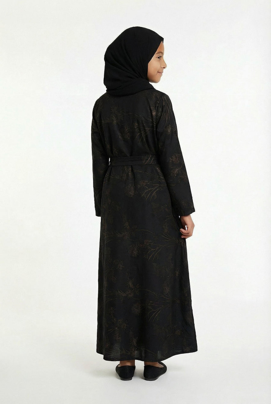 Girls Floral Weave Abaya Black and Gold 654 Col 5