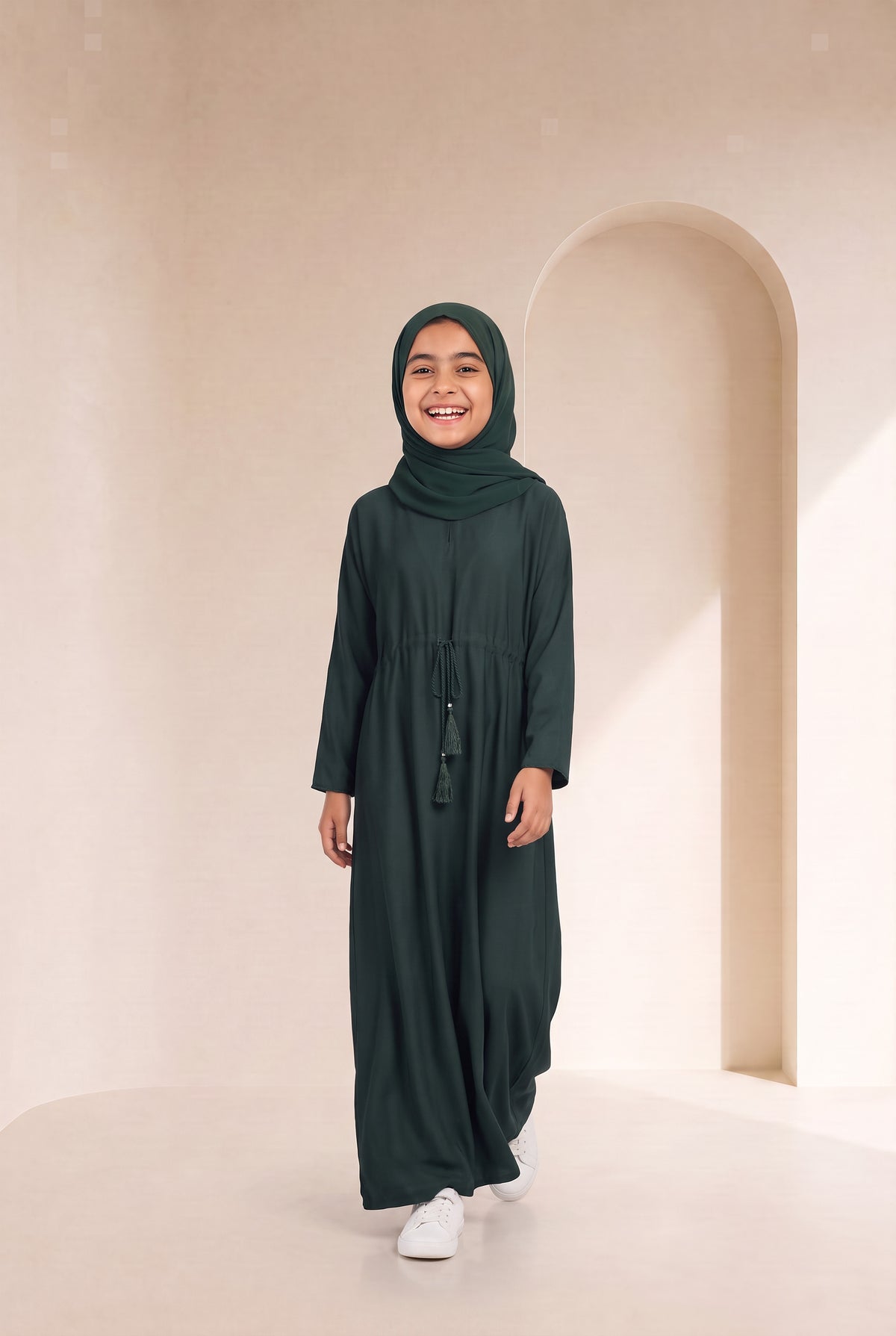 Girls Drawstring Abaya Emerald Green 681 Col 31