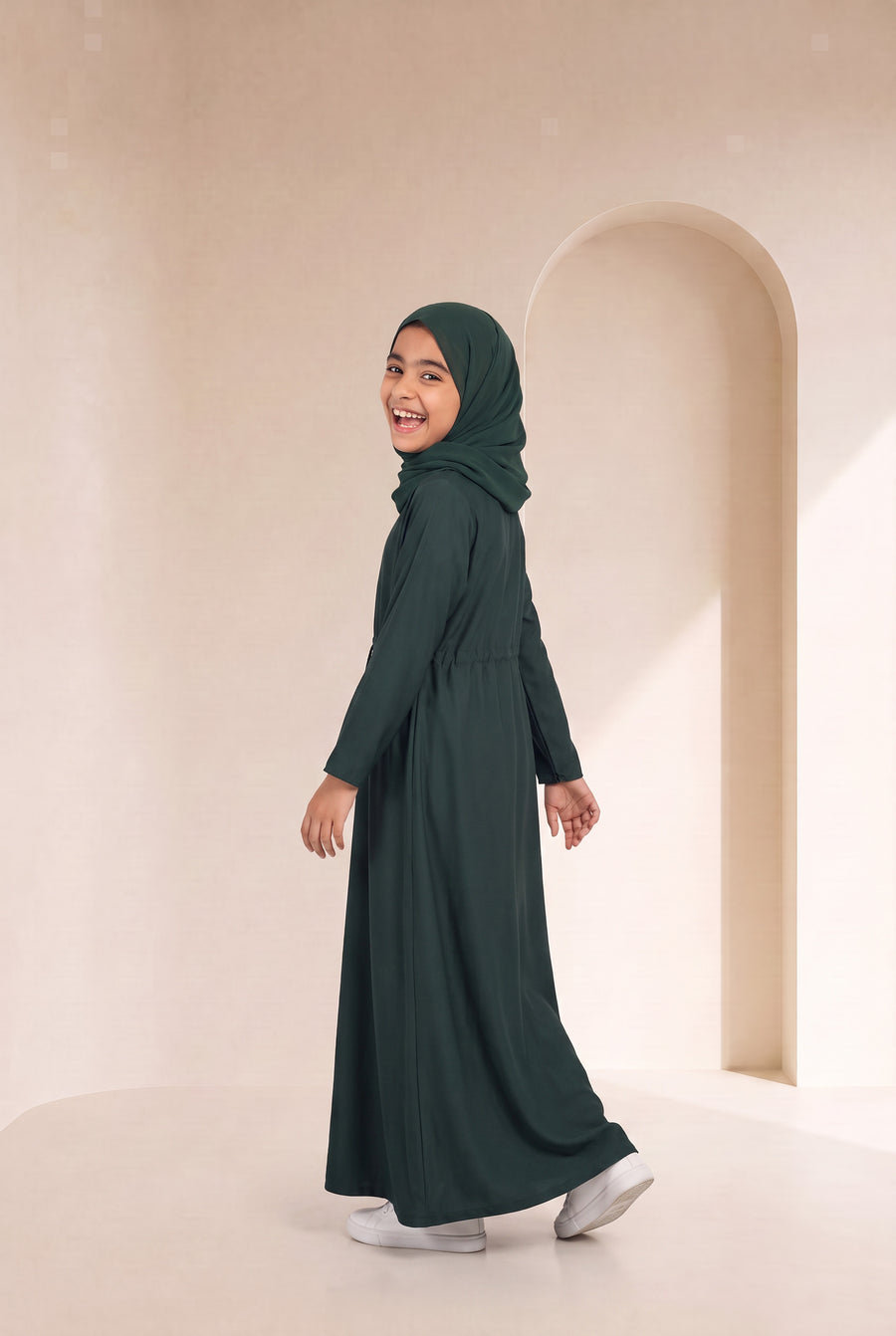 Girls Drawstring Abaya Emerald Green 681 Col 31