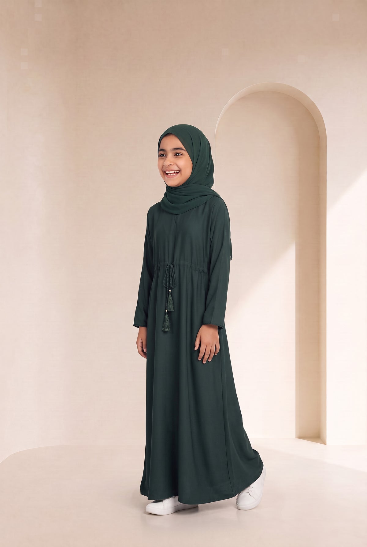 Girls Drawstring Abaya Emerald Green 681 Col 31