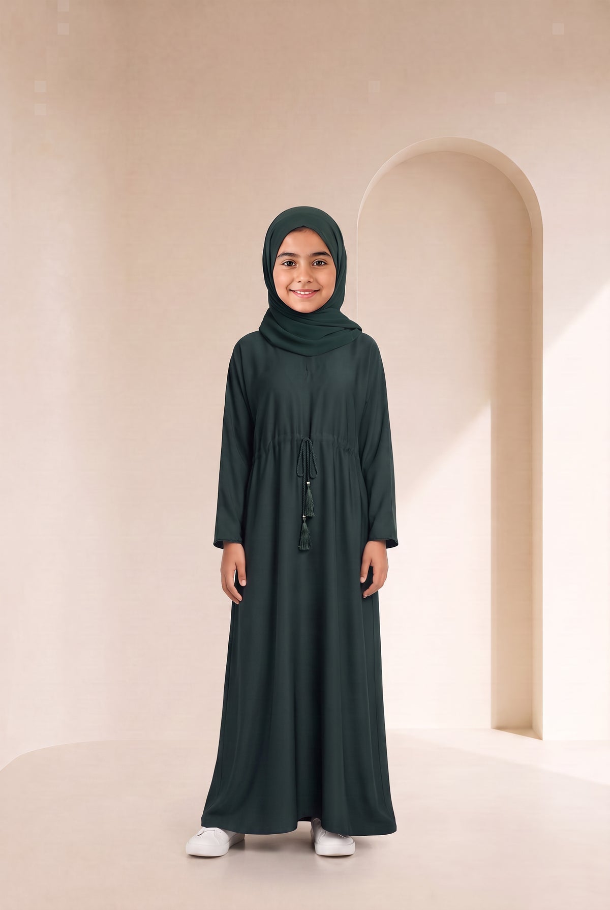 Girls Drawstring Abaya Emerald Green 681 Col 31