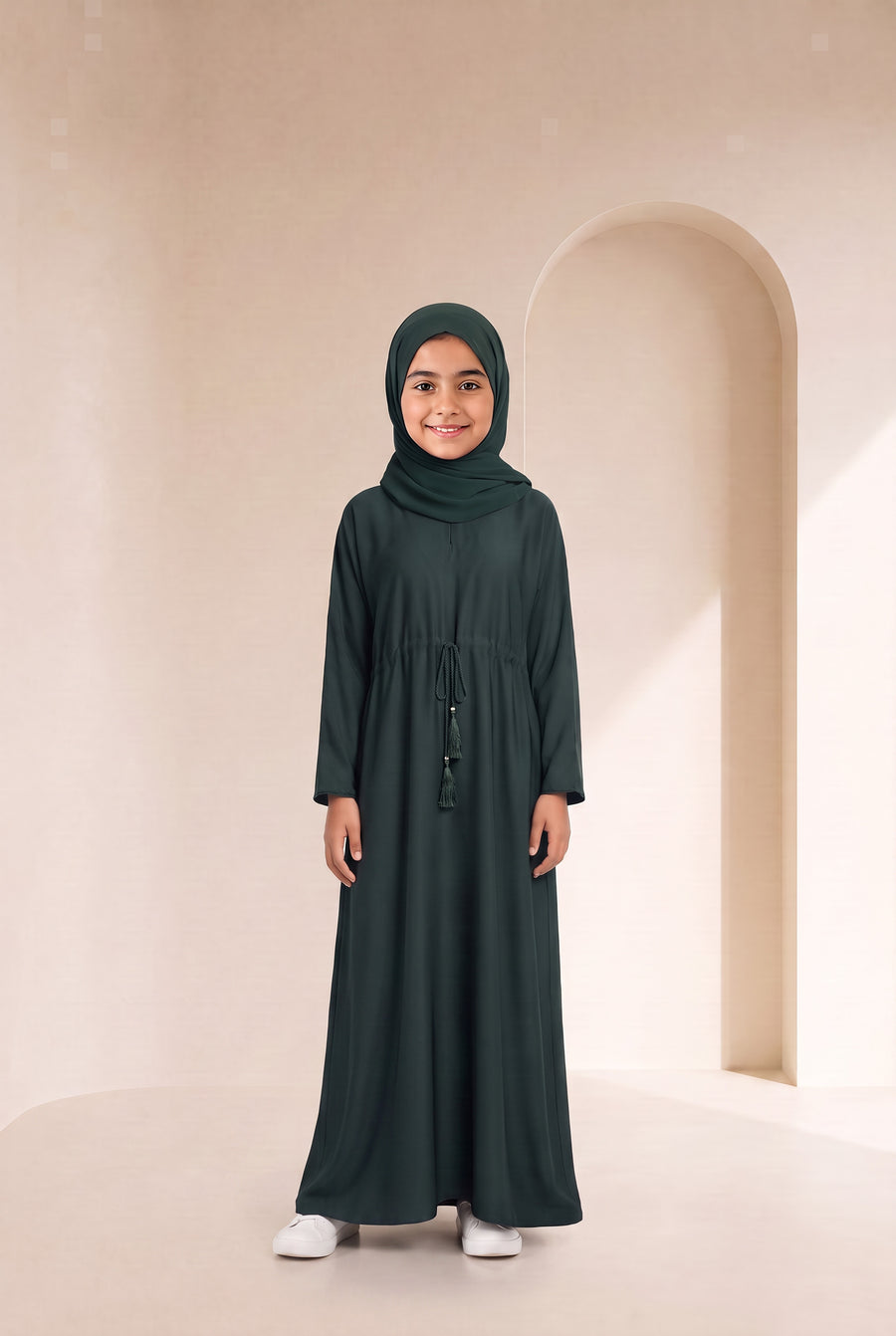 Girls Drawstring Abaya Emerald Green 681 Col 31