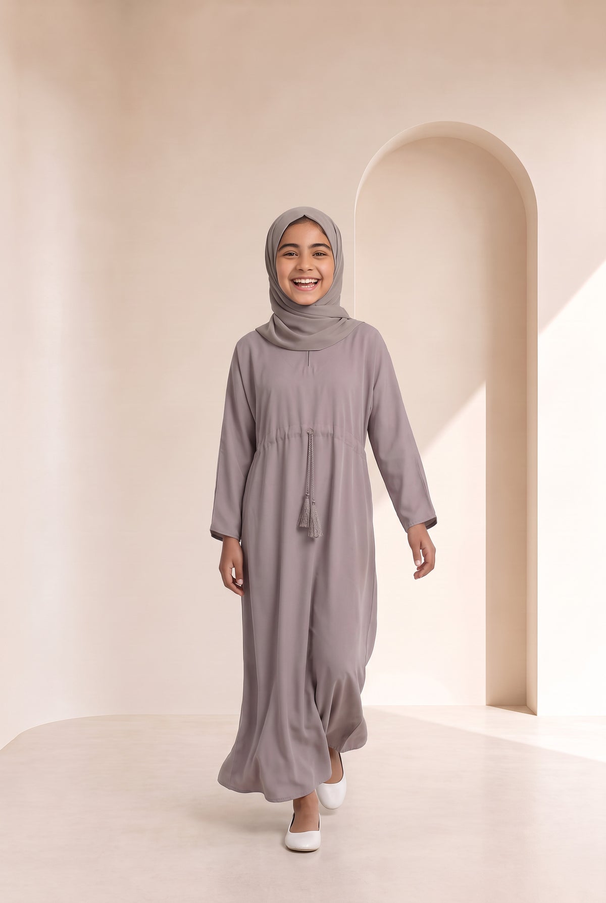 Girls Drawstring Abaya Beige 681 Col 42