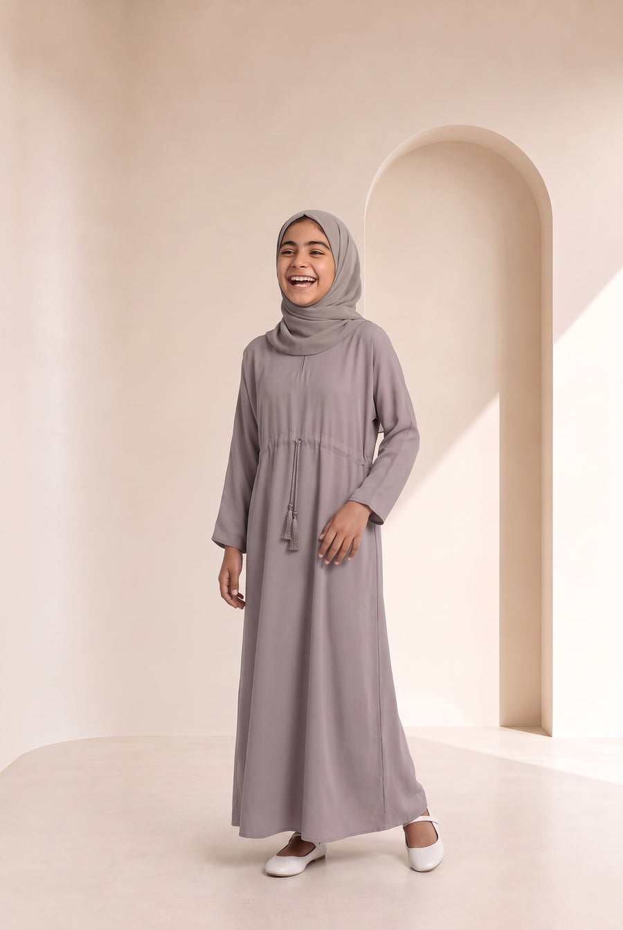 Girls Drawstring Abaya Beige 681 Col 42