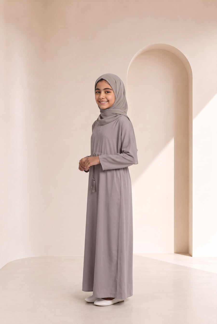Girls Drawstring Abaya Beige 681 Col 42