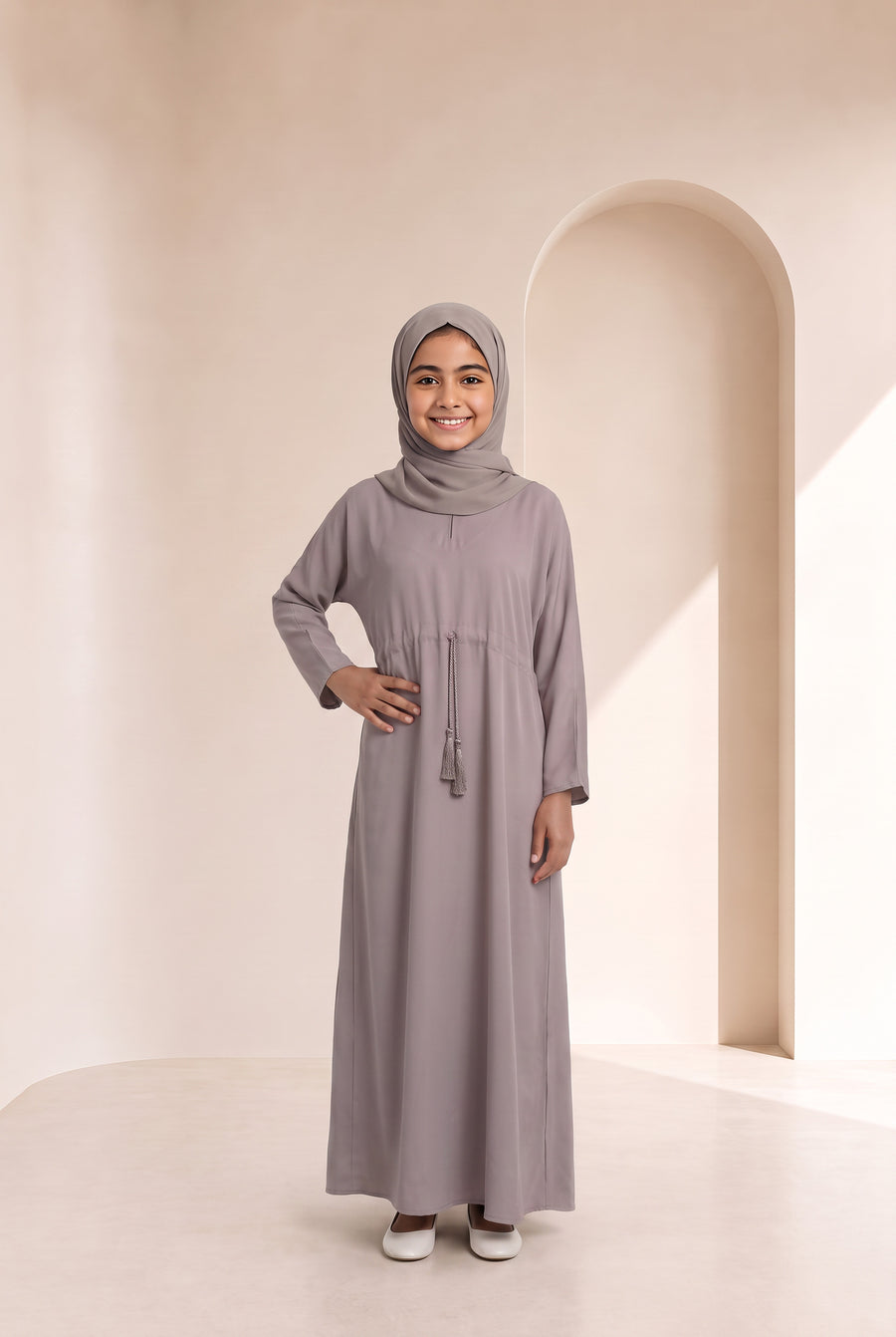 Girls Drawstring Abaya Beige 681 Col 42