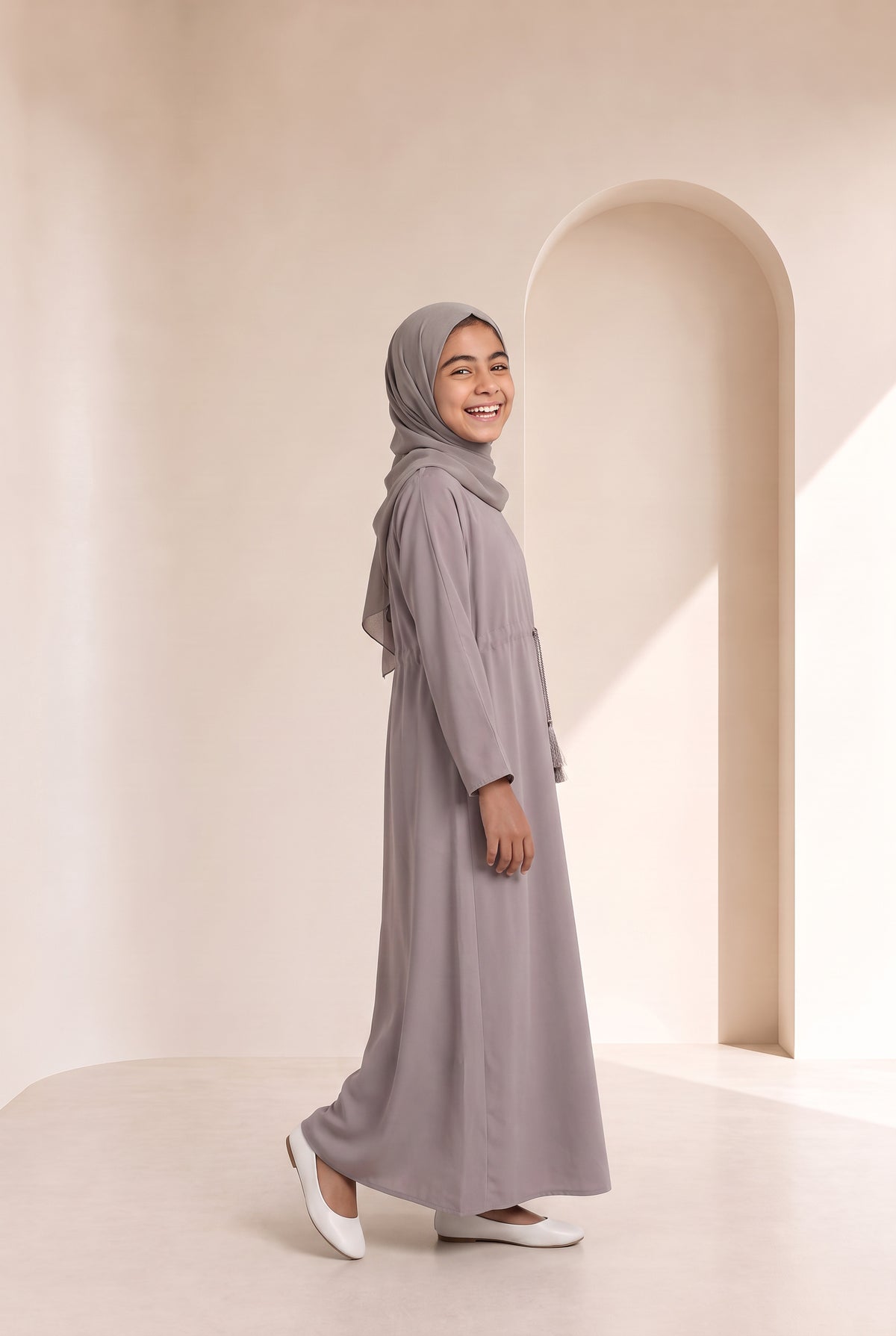 Girls Drawstring Abaya Beige 681 Col 42