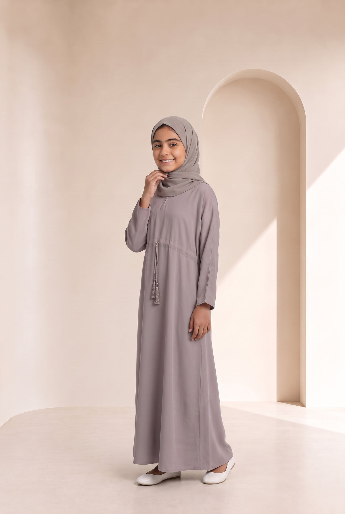 Girls Drawstring Abaya Beige 681 Col 42