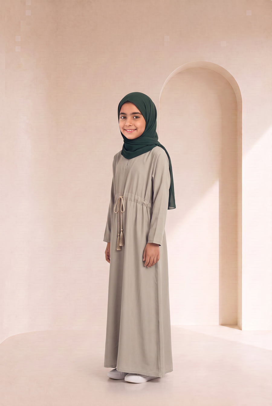 Girls Drawstring Abaya Ivory 681 Col 53