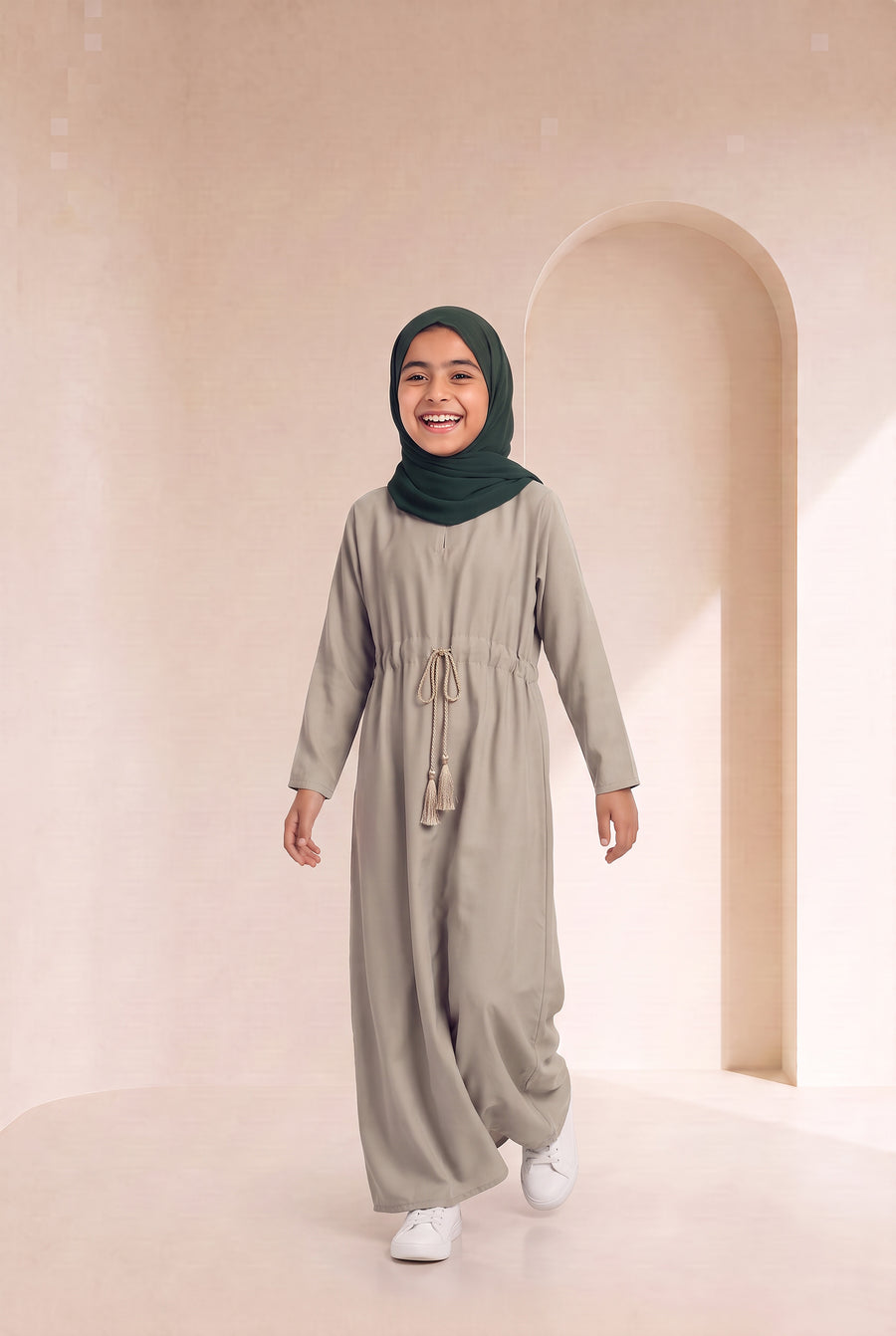 Girls Drawstring Abaya Ivory 681 Col 53
