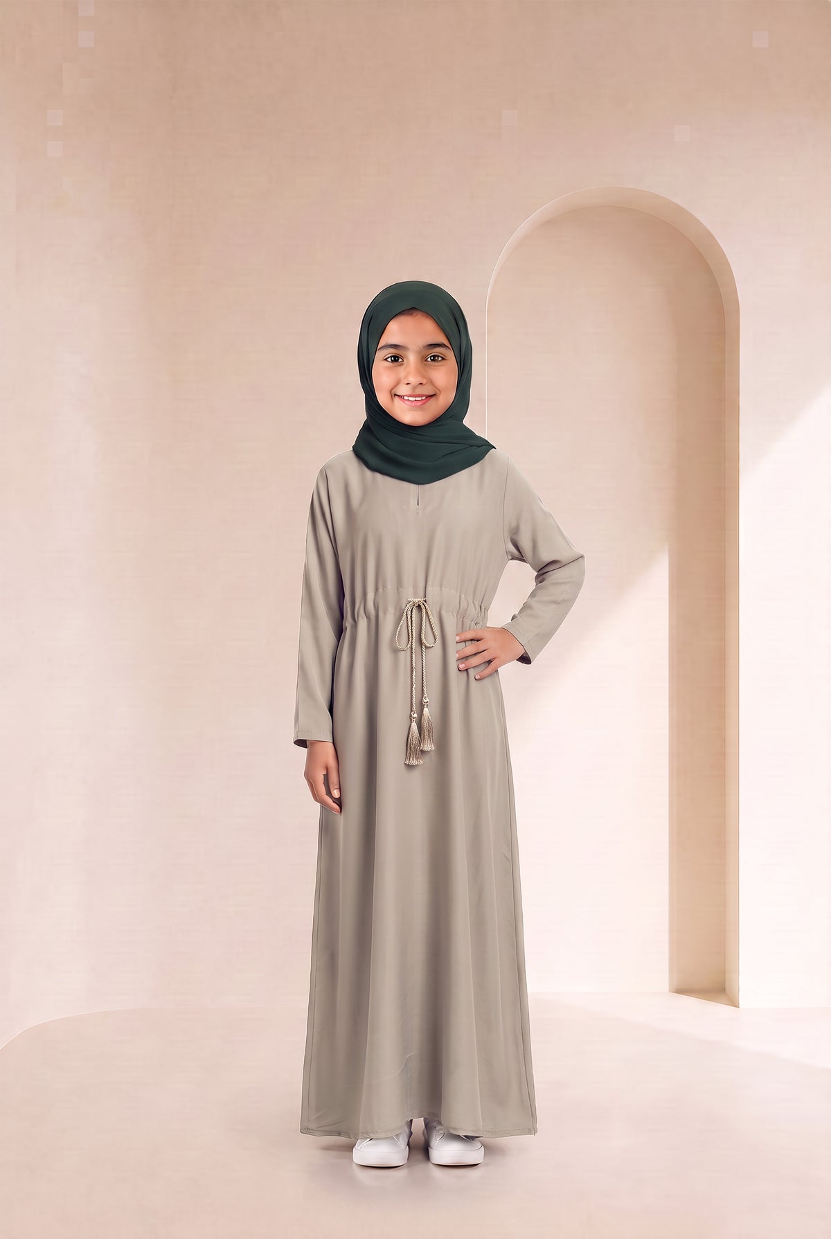 Girls Drawstring Abaya Ivory 681 Col 53