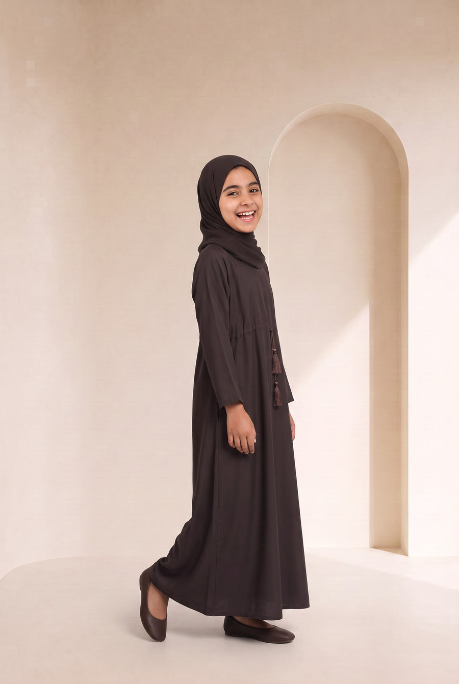 Girls Drawstring Abaya Chocolate Brown 681 Col 54