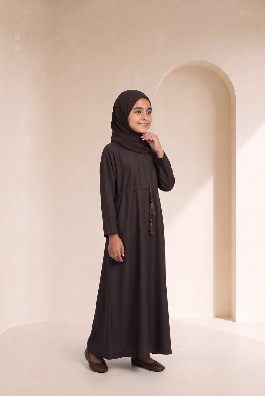 Girls Drawstring Abaya Chocolate Brown 681 Col 54