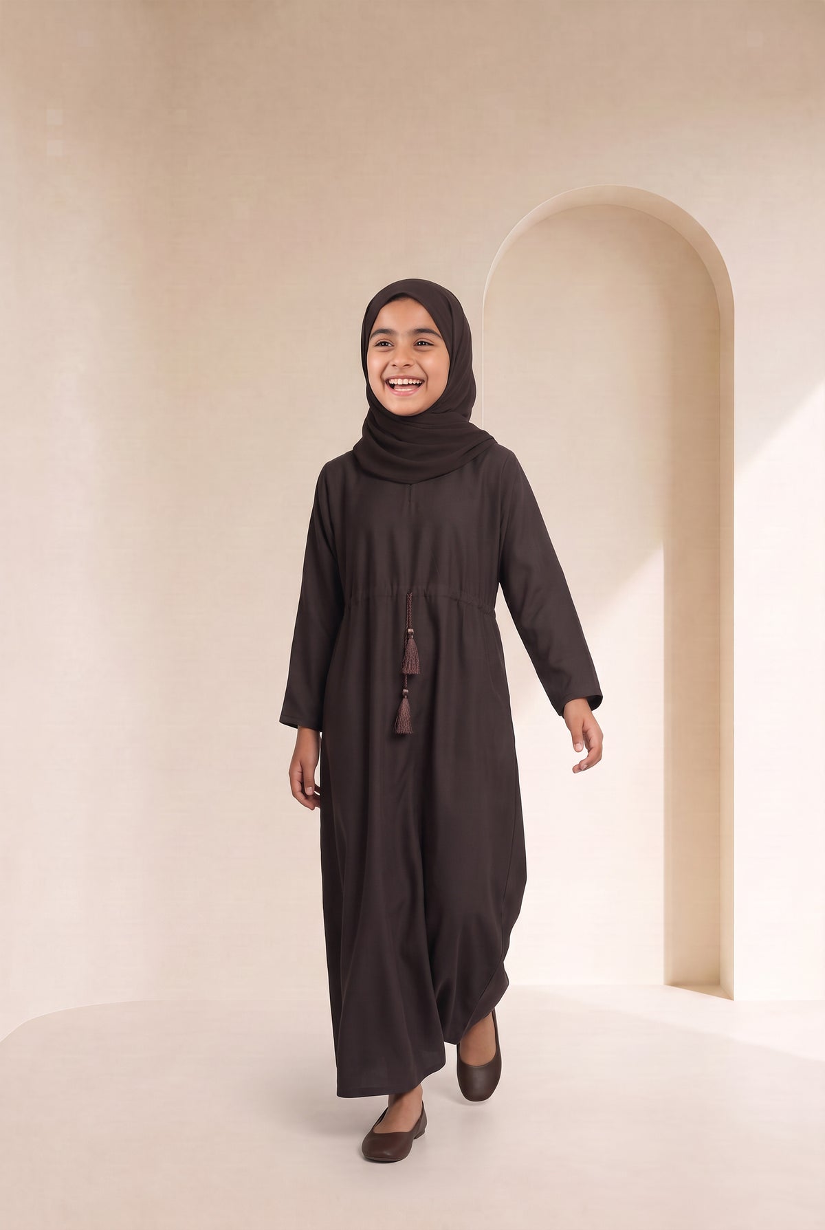 Girls Drawstring Abaya Chocolate Brown 681 Col 54
