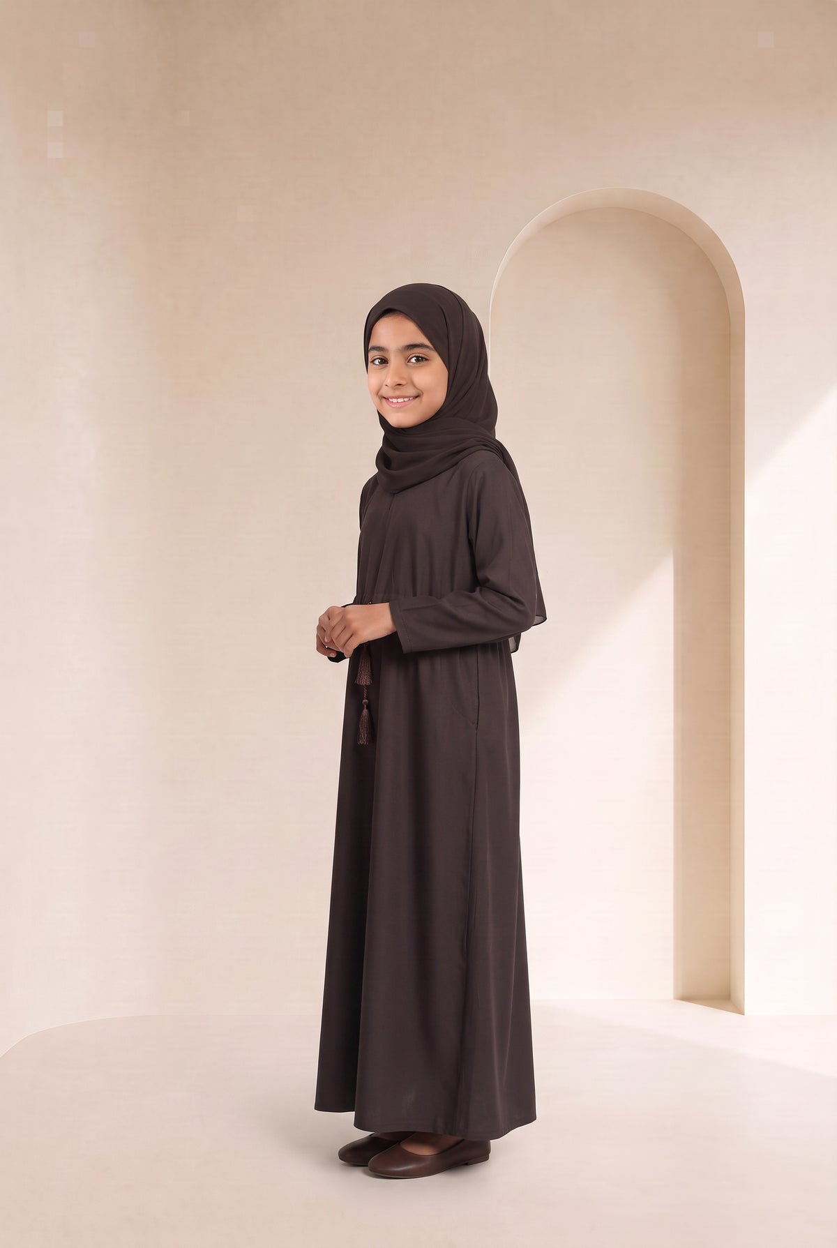 Girls Drawstring Abaya Chocolate Brown 681 Col 54
