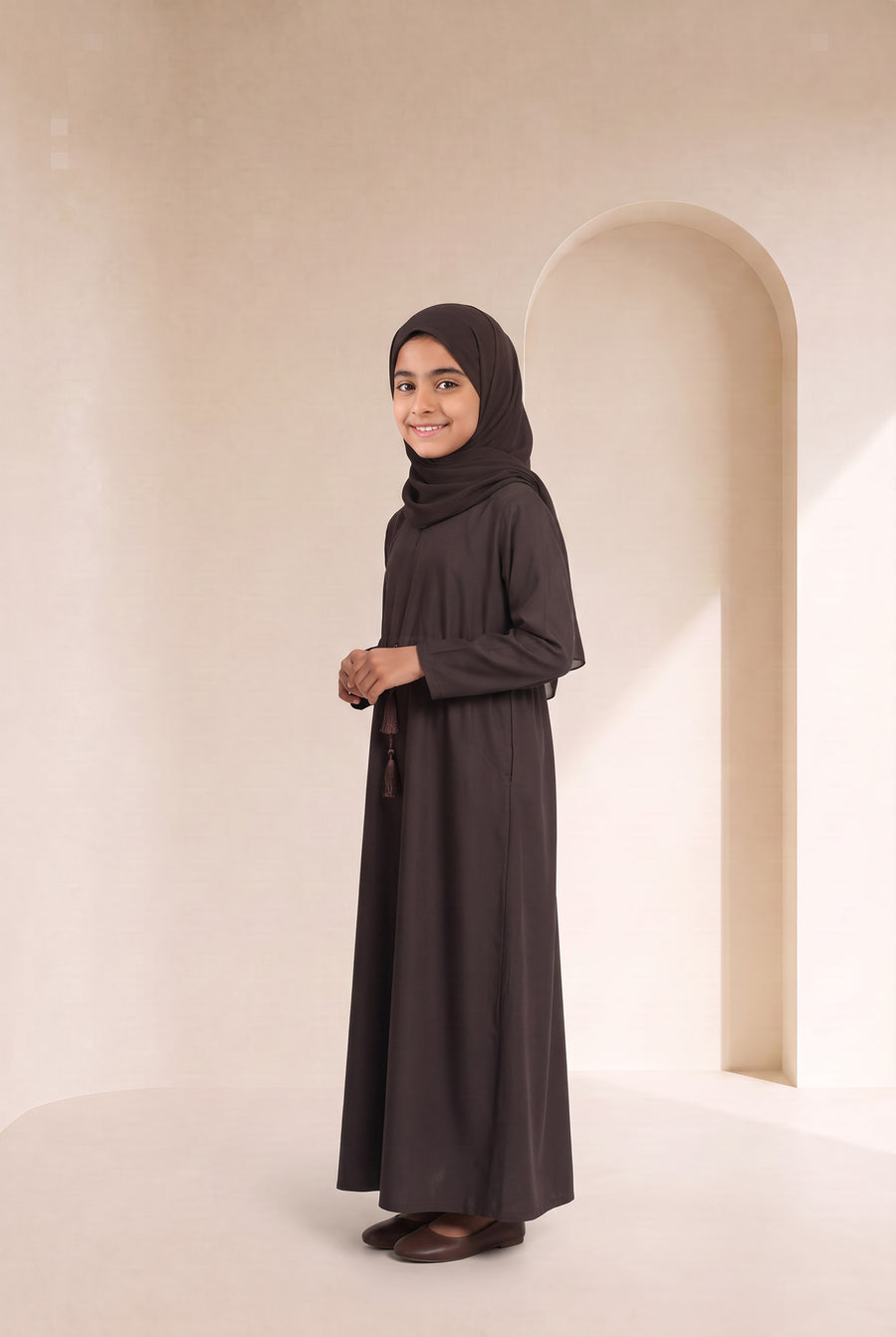 Girls Drawstring Abaya Chocolate Brown 681 Col 54