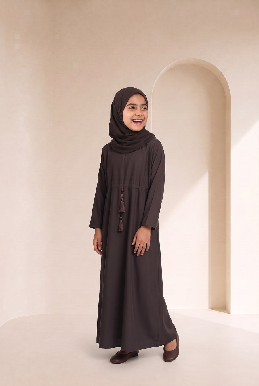 Girls Drawstring Abaya Chocolate Brown 681 Col 54