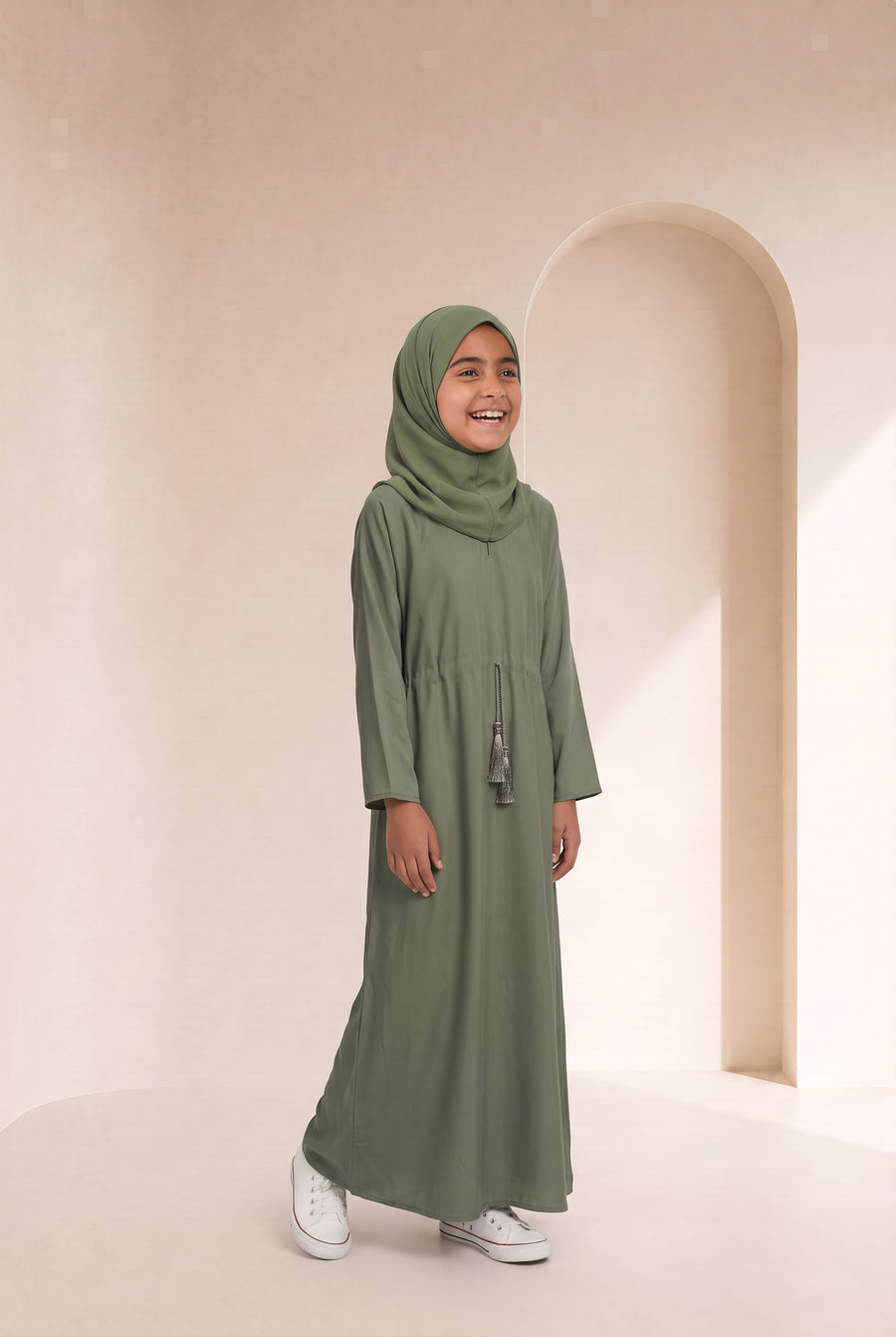 Girls Drawstring Abaya Olive 681 Col 55