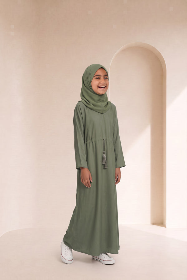 Girls Drawstring Abaya Olive 681 Col 55