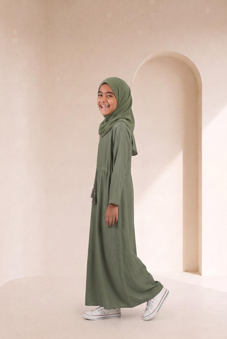 Girls Drawstring Abaya Olive 681 Col 55