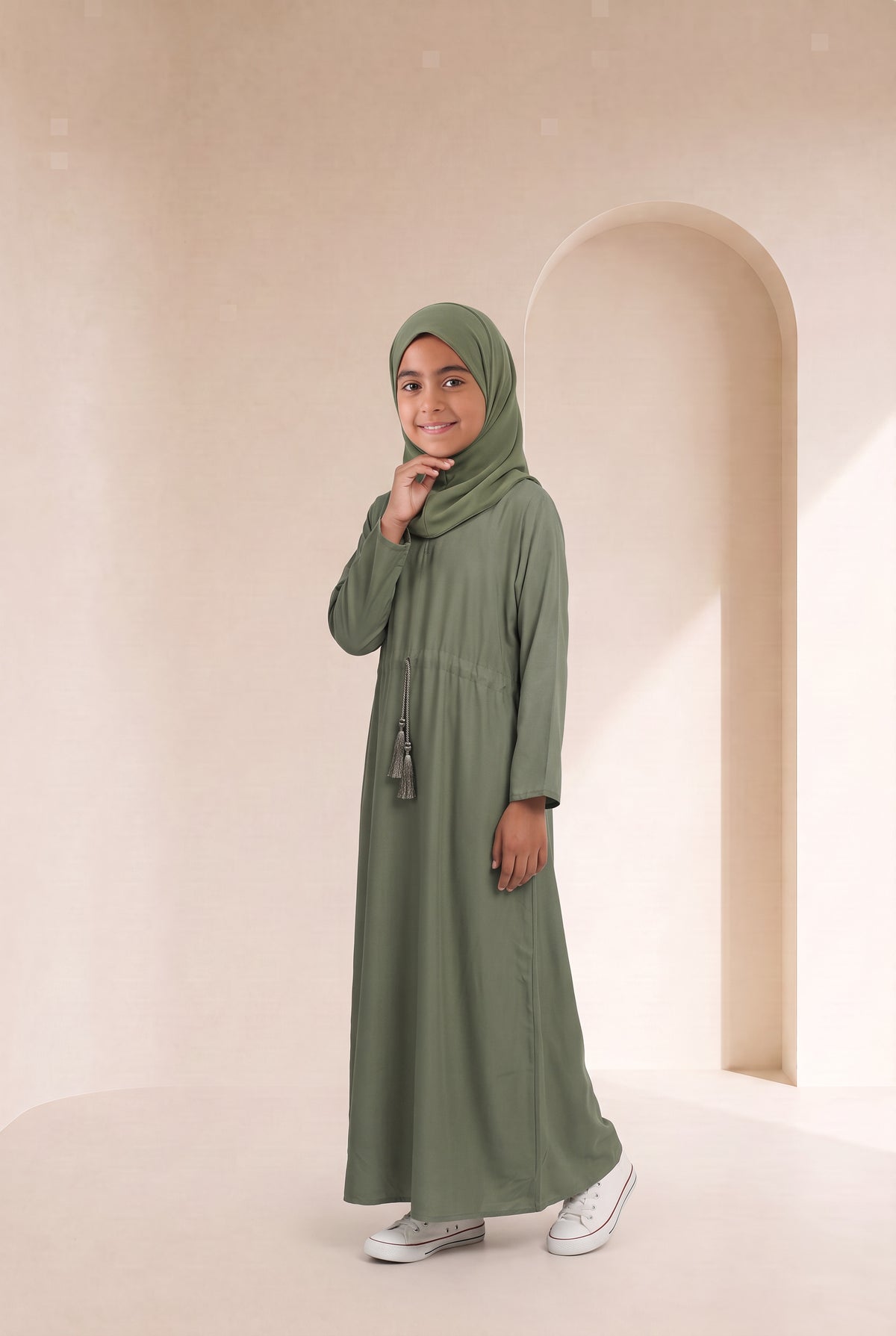 Girls Drawstring Abaya Olive 681 Col 55