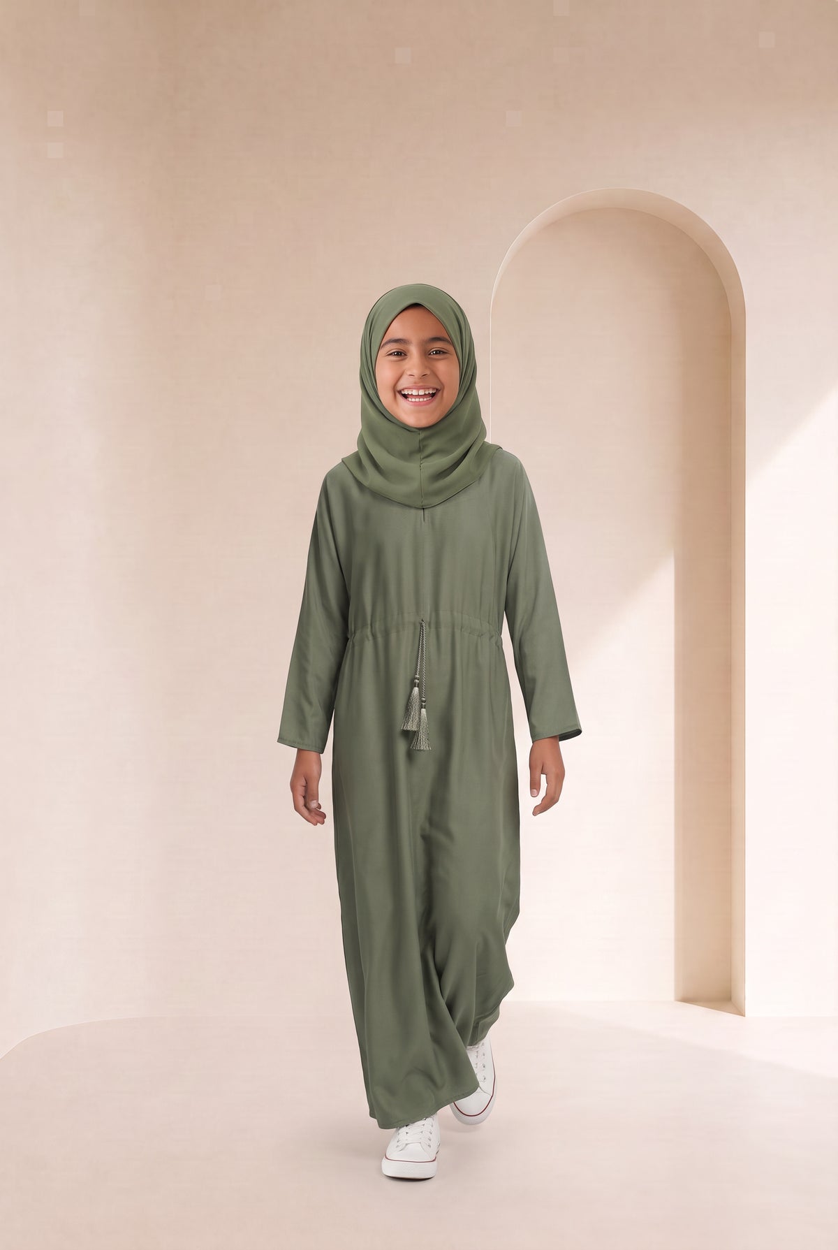 Girls Drawstring Abaya Olive 681 Col 55
