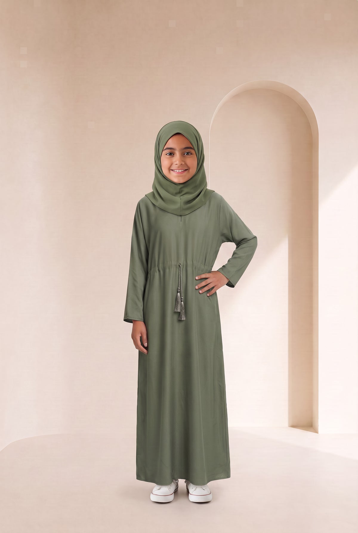Girls Drawstring Abaya Olive 681 Col 55