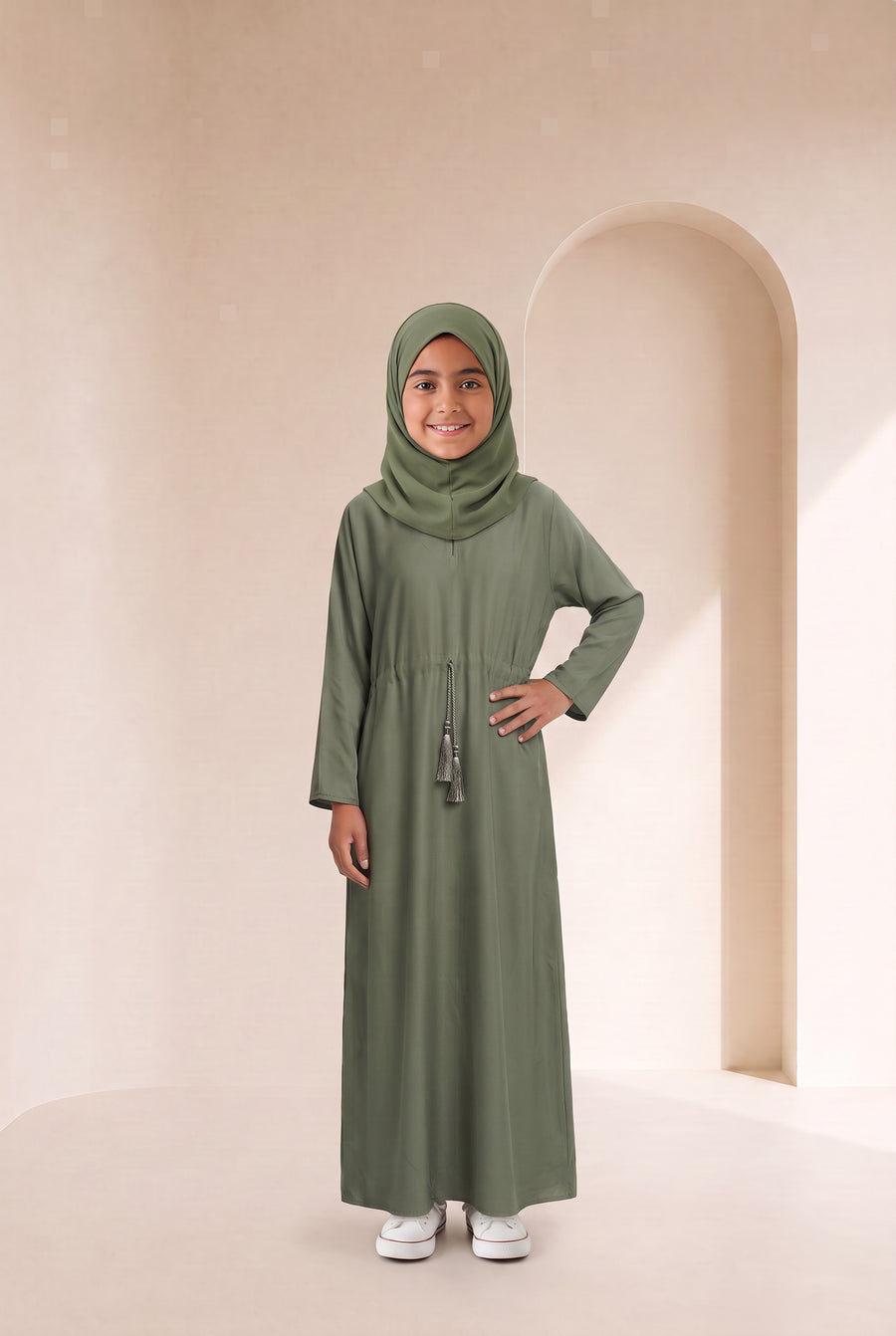 Girls Drawstring Abaya Olive 681 Col 55