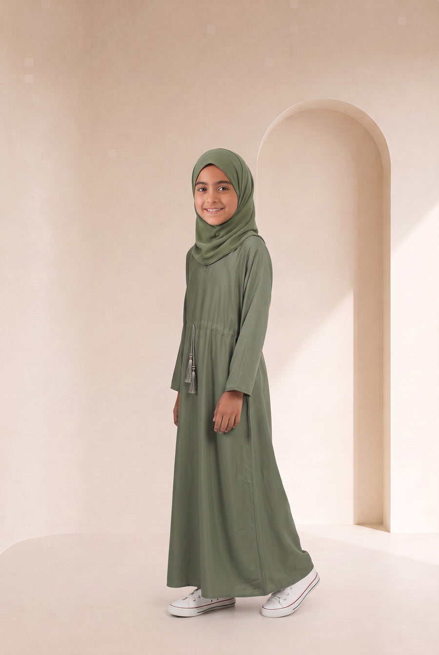 Girls Drawstring Abaya Olive 681 Col 55