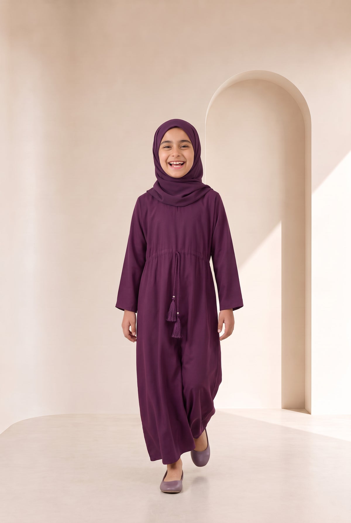 Girls Drawstring Abaya Burgundy 681