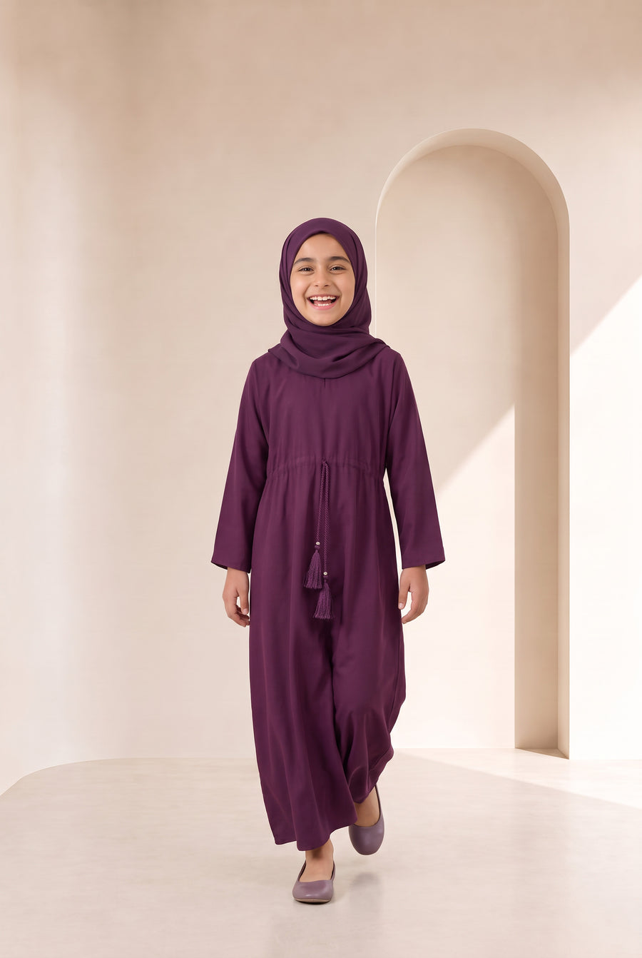 Girls Drawstring Abaya Burgundy 681