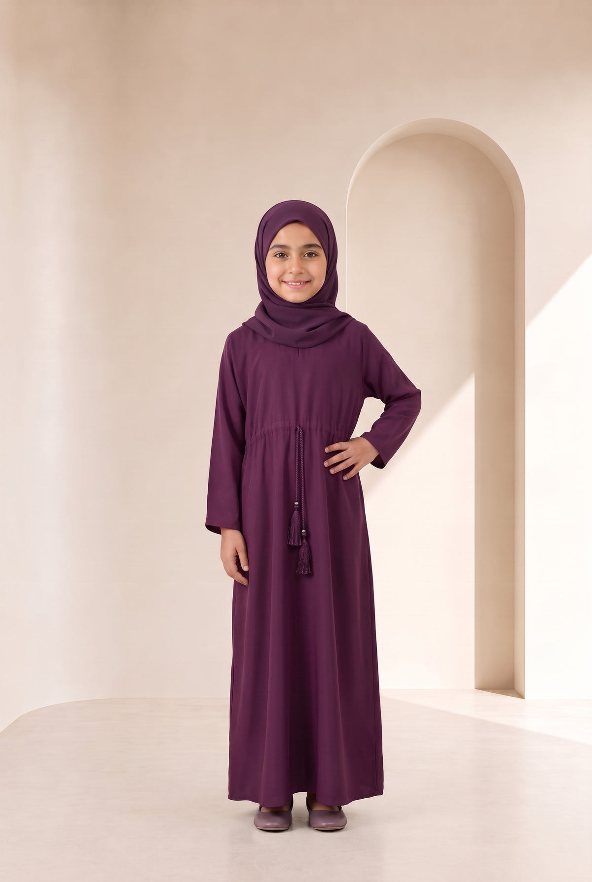 Girls Drawstring Abaya Burgundy 681