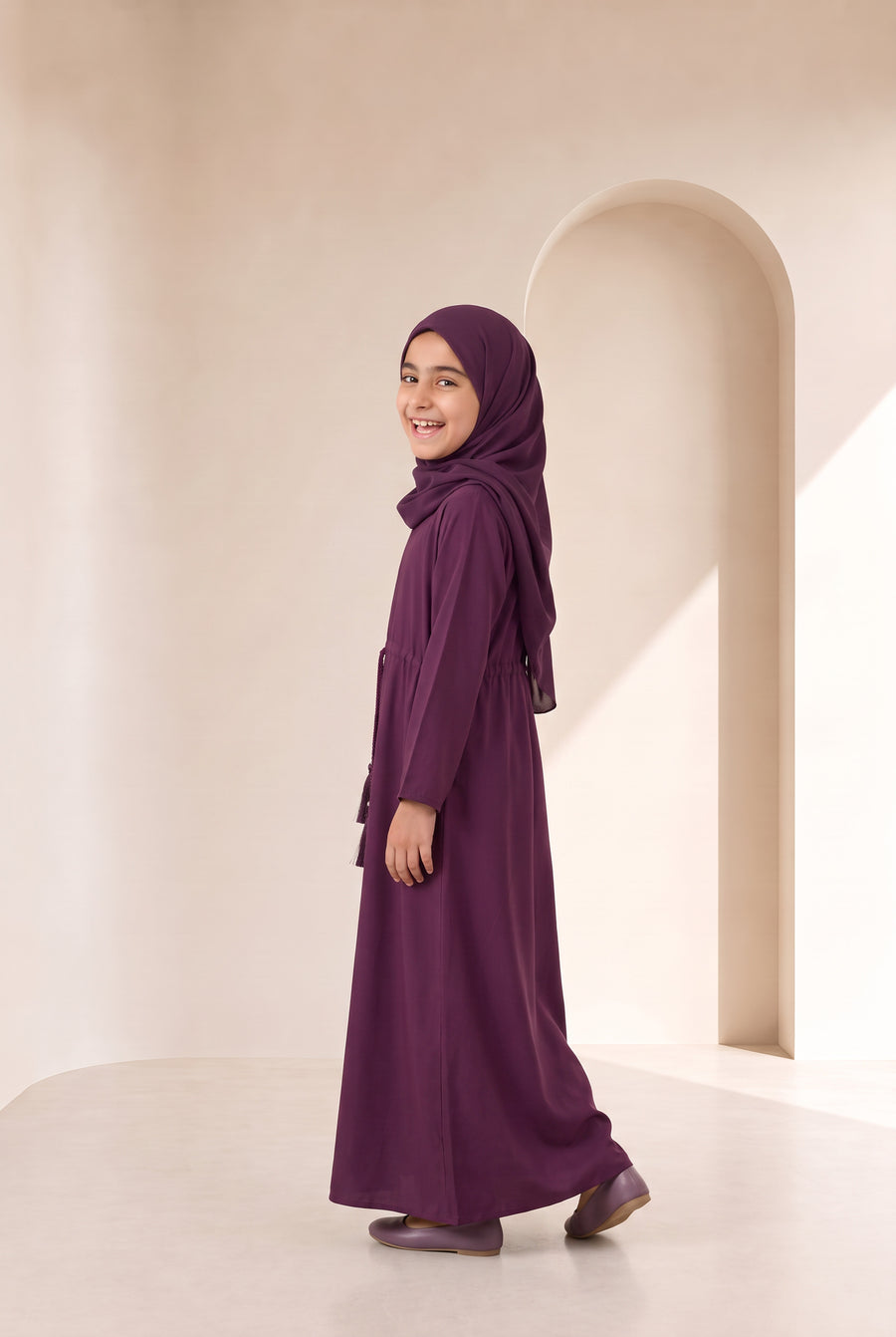 Girls Drawstring Abaya Burgundy 681
