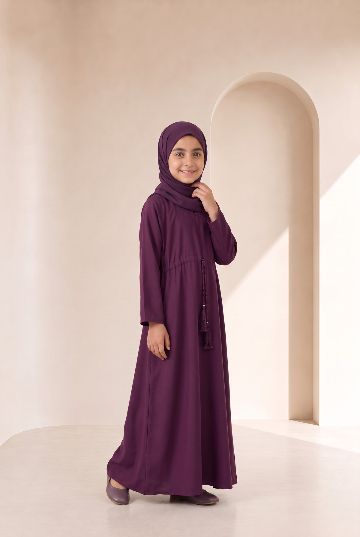 Girls Drawstring Abaya Burgundy 681