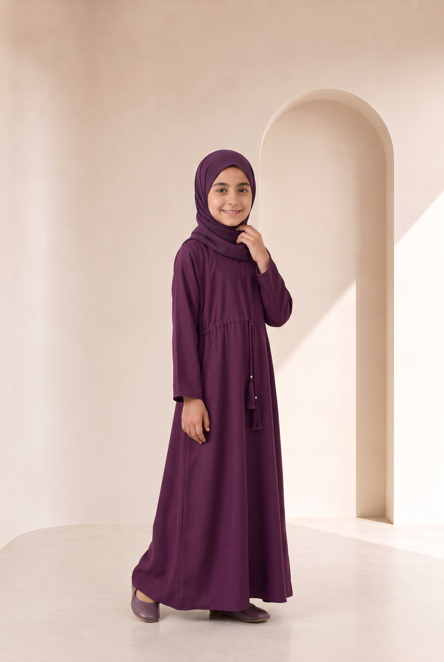 Girls Drawstring Abaya Burgundy 681