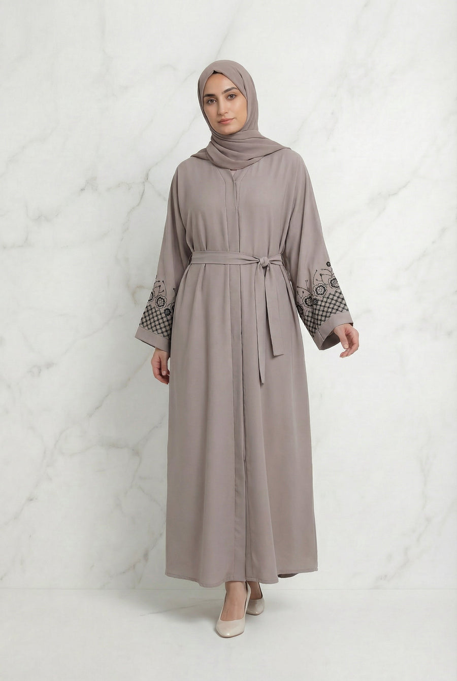 Embellished Sleeved Belted Abaya Dusty Rose 613 Col 135