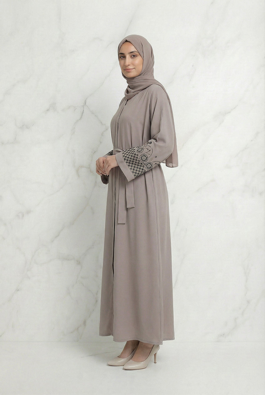 Embellished Sleeved Belted Abaya Dusty Rose 613 Col 135