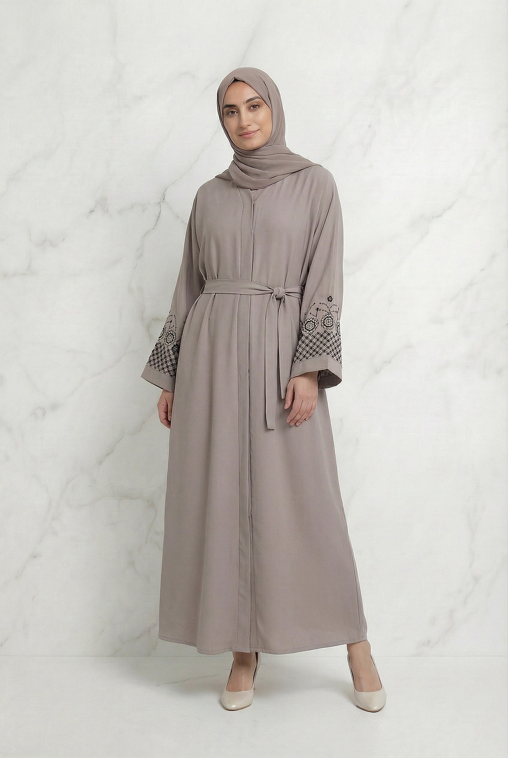 Embellished Sleeved Belted Abaya Dusty Rose 613 Col 135