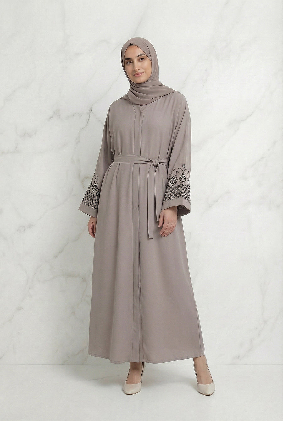 Embellished Sleeved Belted Abaya Dusty Rose 613 Col 135
