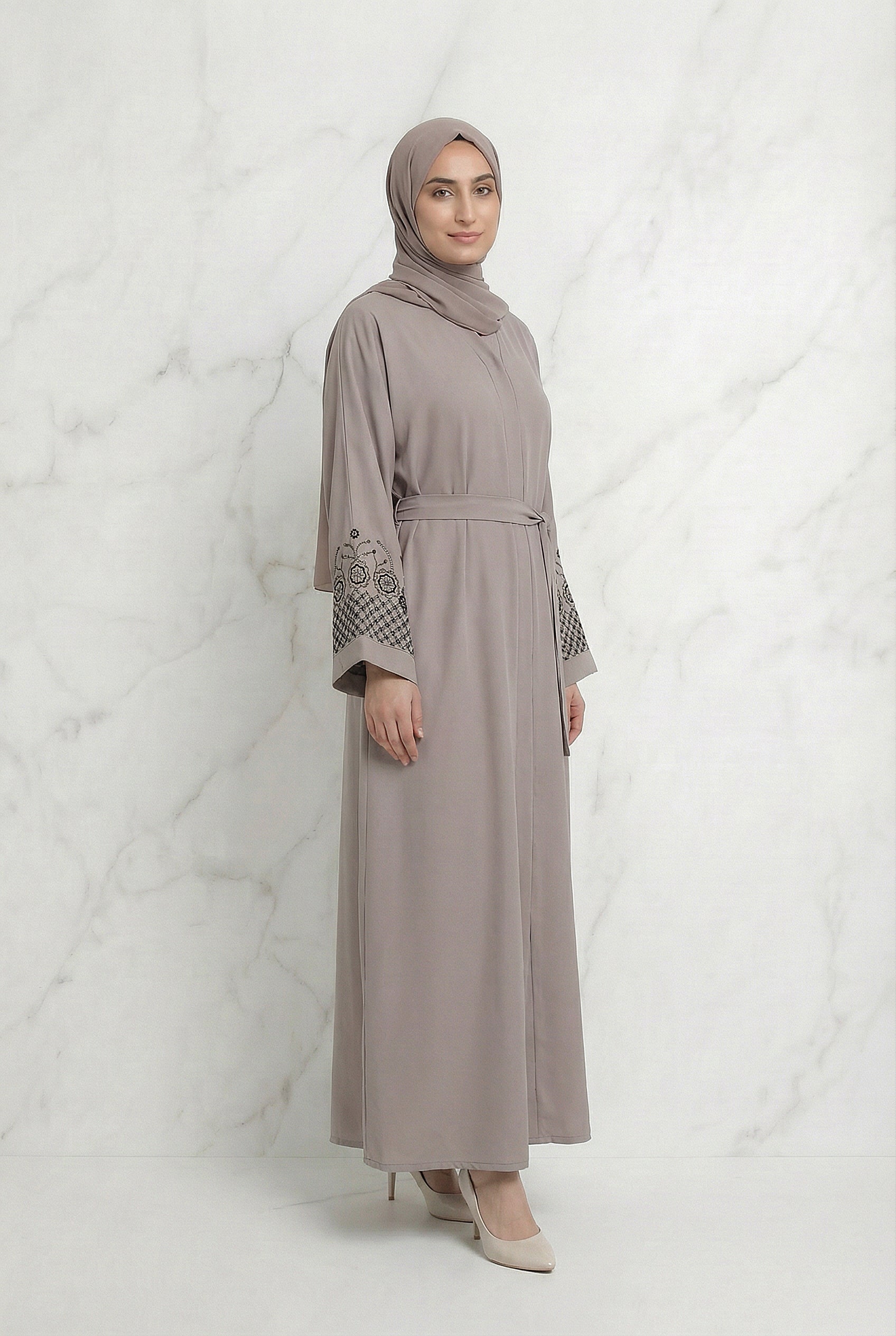 Embellished Sleeved Belted Abaya Dusty Rose 613 Col 135