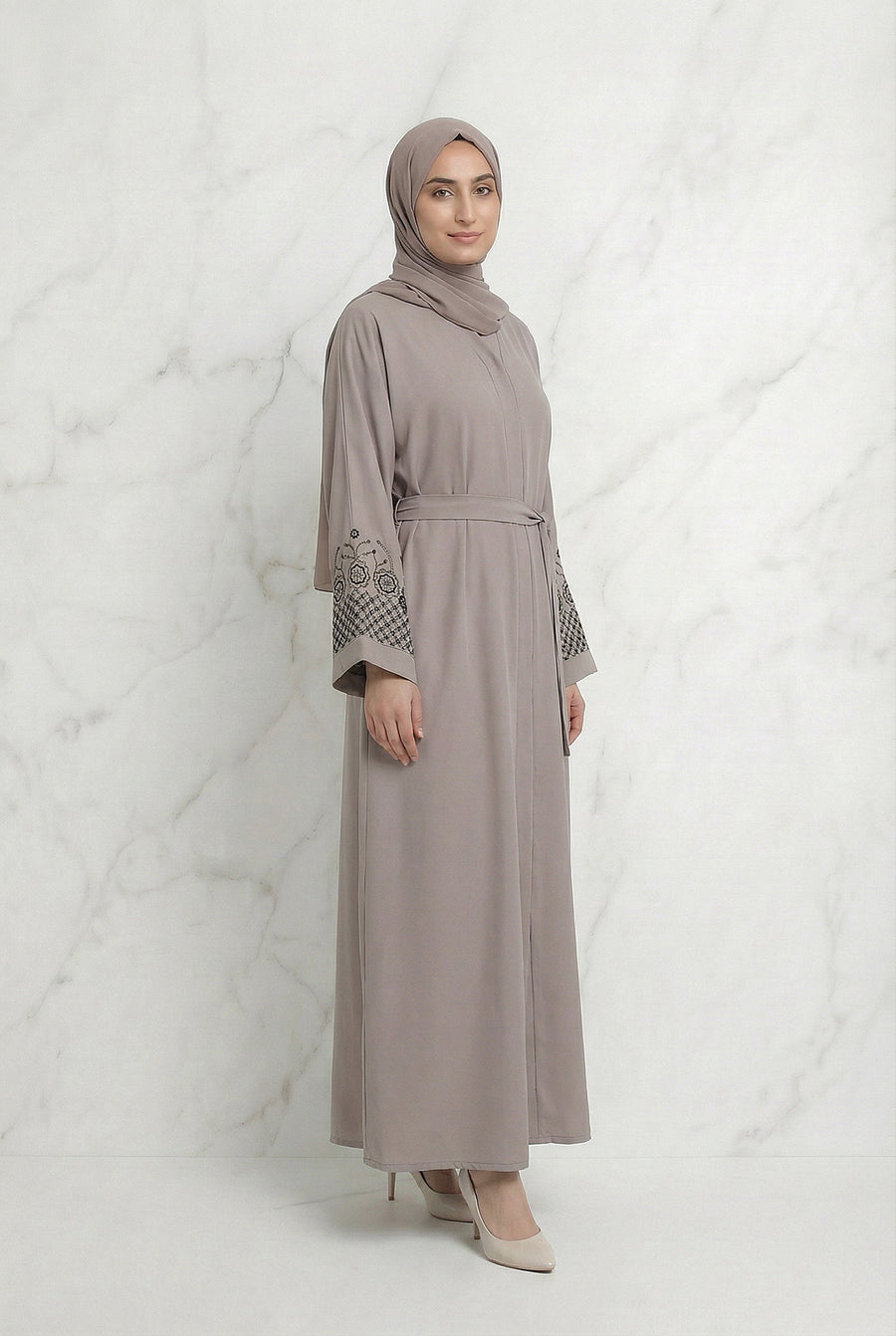 Embellished Sleeved Belted Abaya Dusty Rose 613 Col 135
