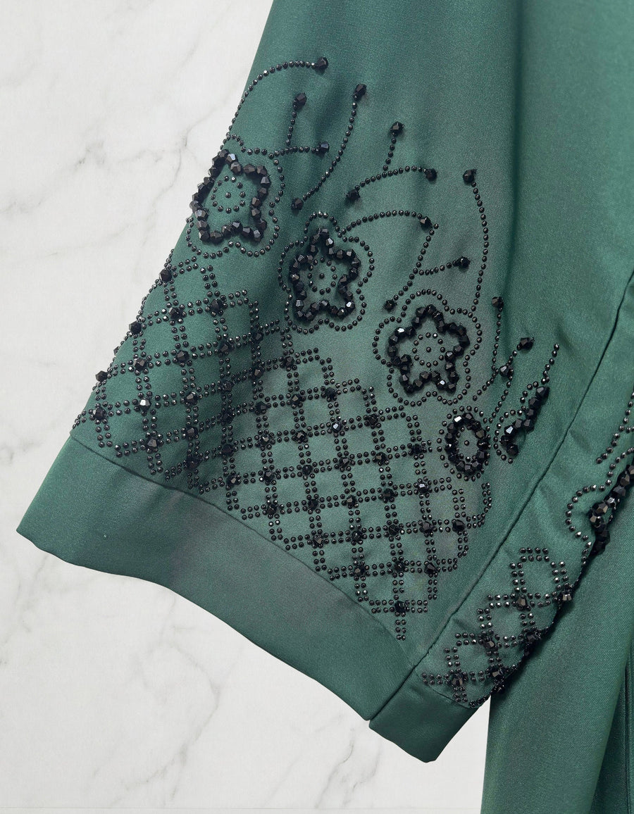 Embellished Sleeved Belted Abaya Bottle Green 613 Col 160
