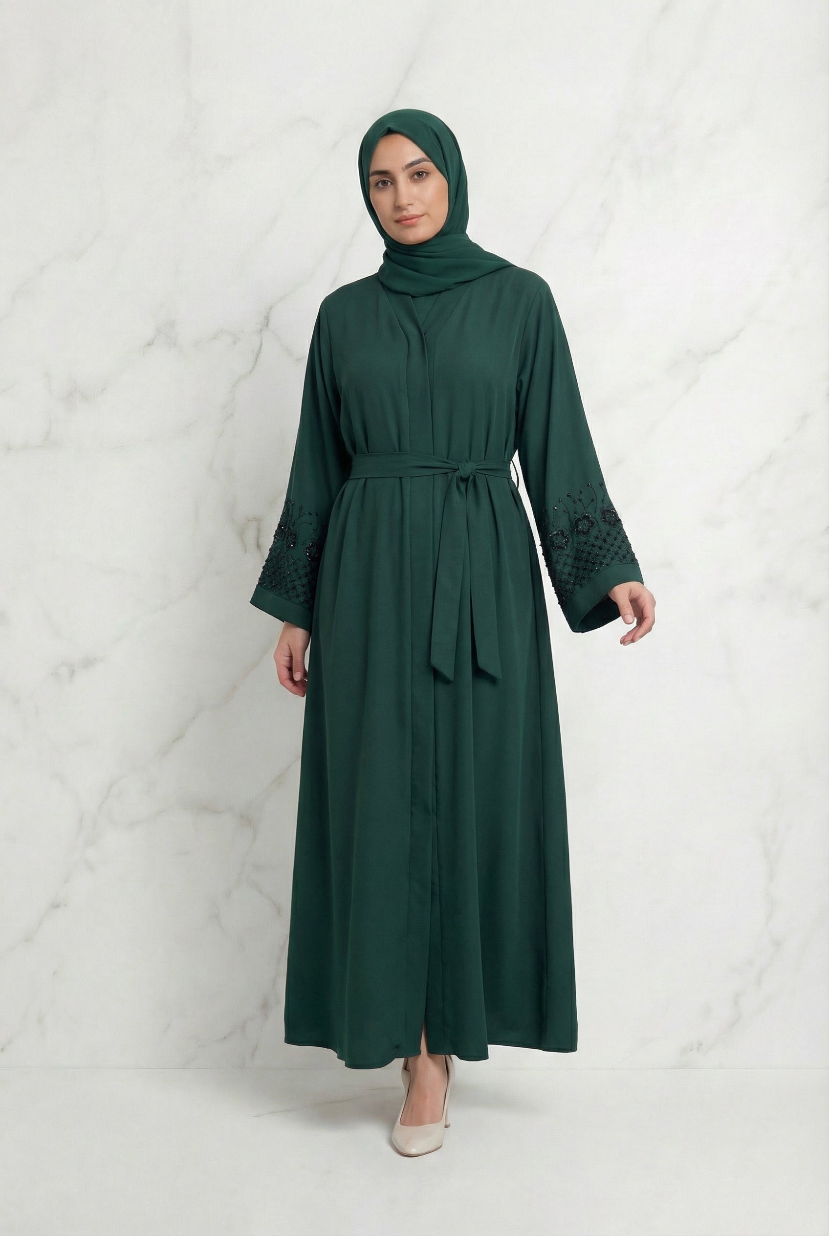 Embellished Sleeved Belted Abaya Bottle Green 613 Col 160