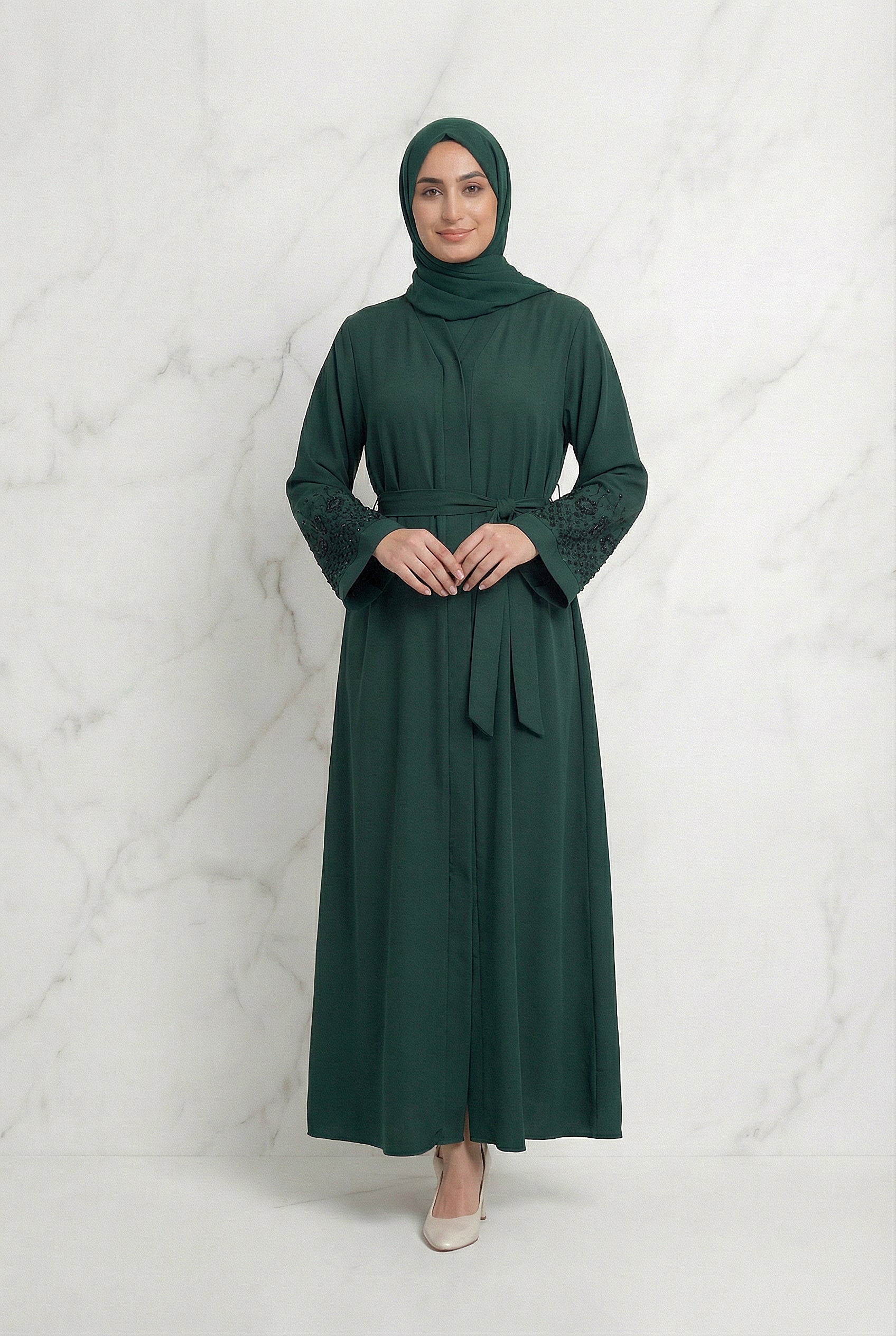 Embellished Sleeved Belted Abaya Bottle Green 613 Col 160