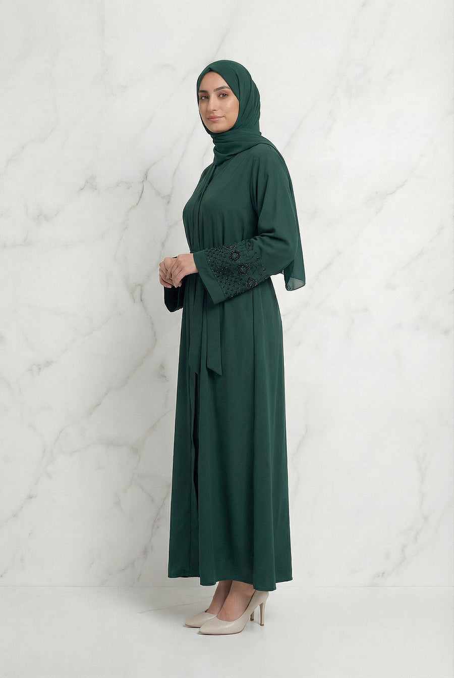 Embellished Sleeved Belted Abaya Bottle Green 613 Col 160