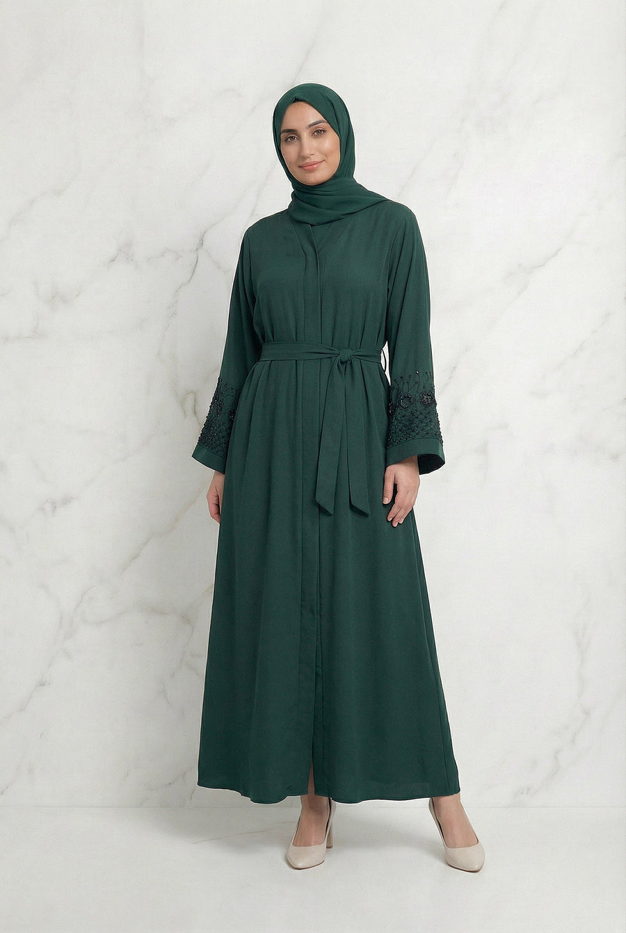 Embellished Sleeved Belted Abaya Bottle Green 613 Col 160