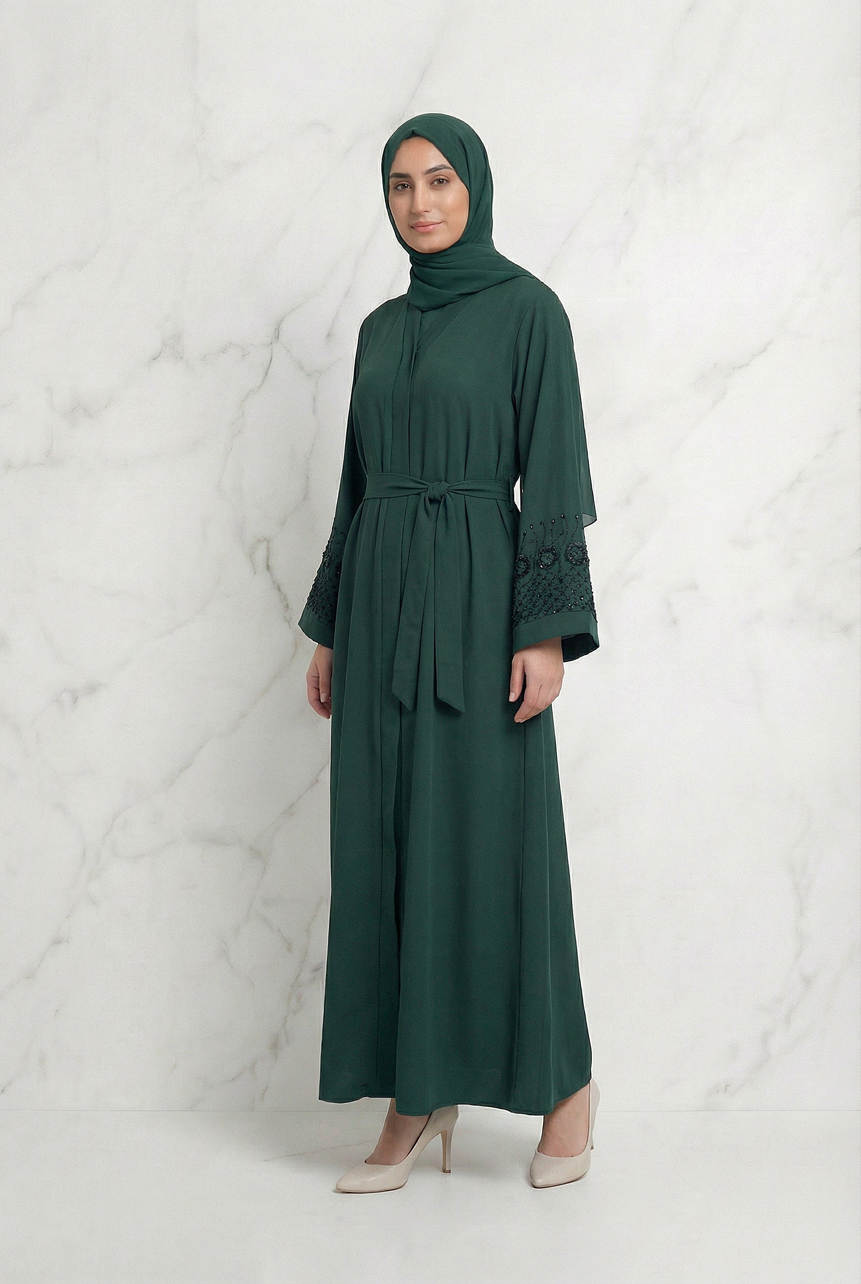 Embellished Sleeved Belted Abaya Bottle Green 613 Col 160