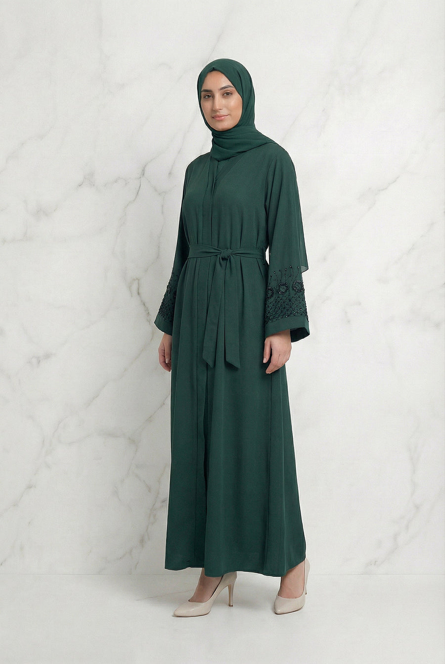Embellished Sleeved Belted Abaya Bottle Green 613 Col 160